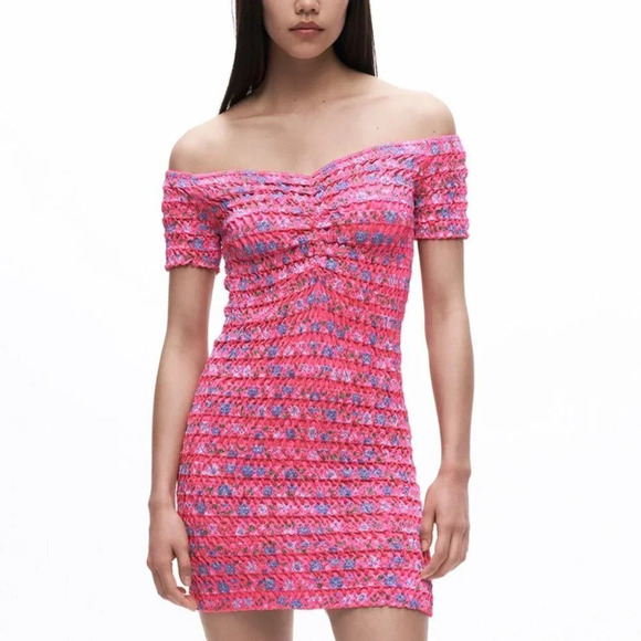 Zara Floral Ruched Smocked Off Shoulder Mini Dress Pink Sz  Medium - Picture 1 of 8
